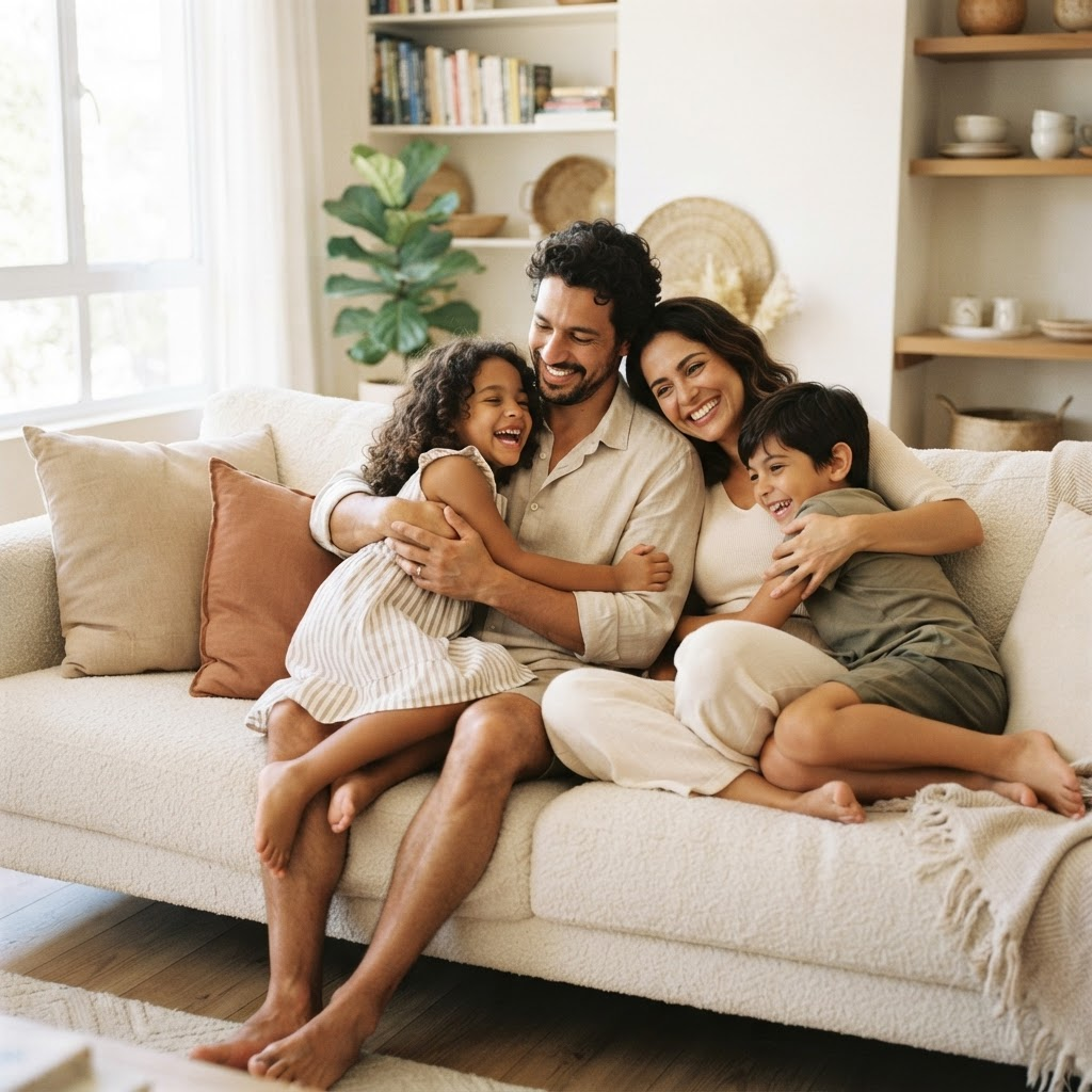 Família reunida e sorrindo no sofá de casa