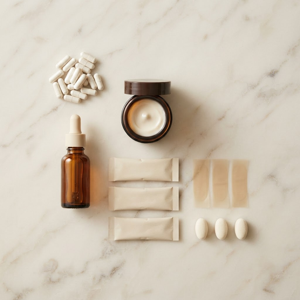 Diferentes formas farmacêuticas manipuladas: cápsulas, sérum, cremes, sachês e pastilhas