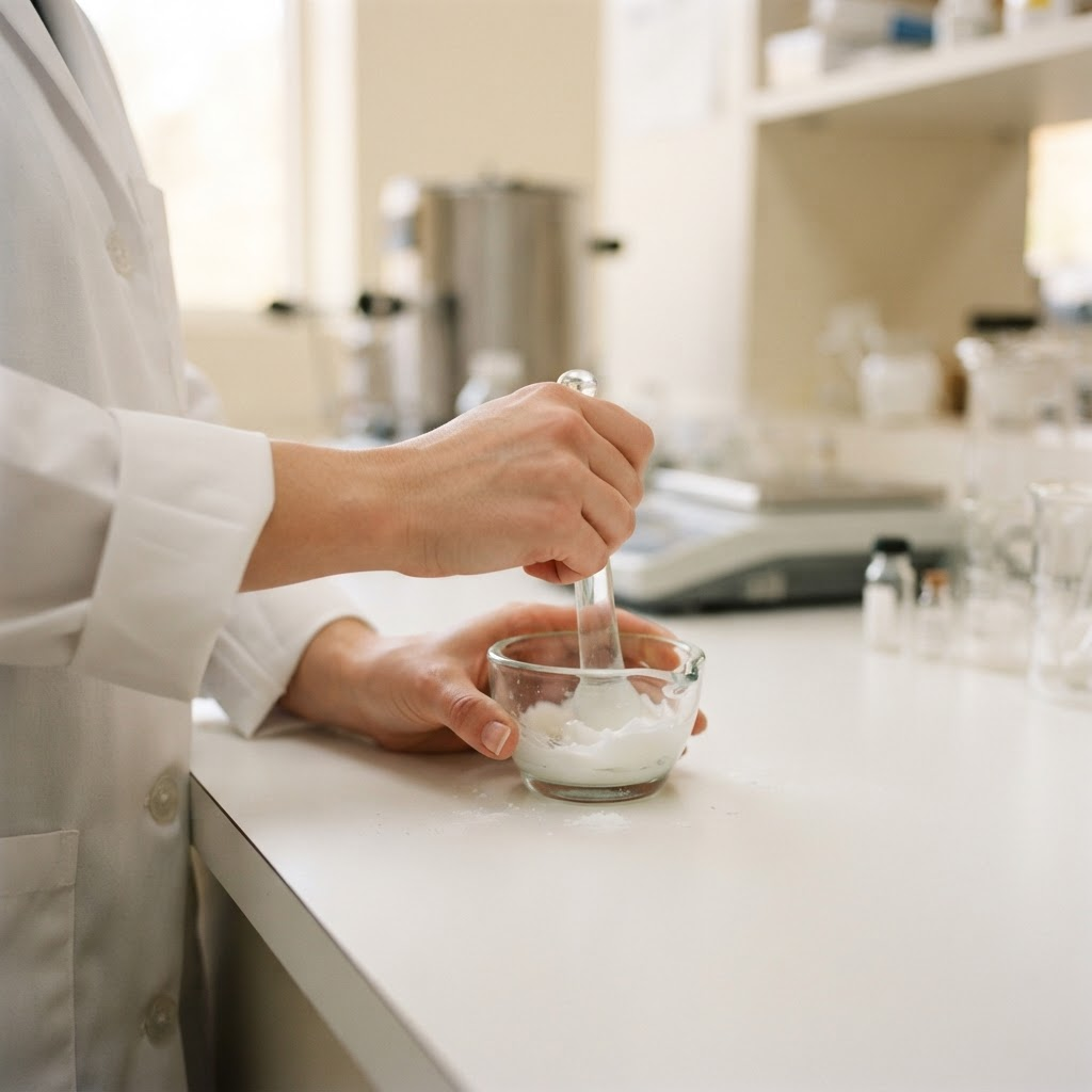 Farmacêutica preparando uma fórmula manipulada na Santé Farma